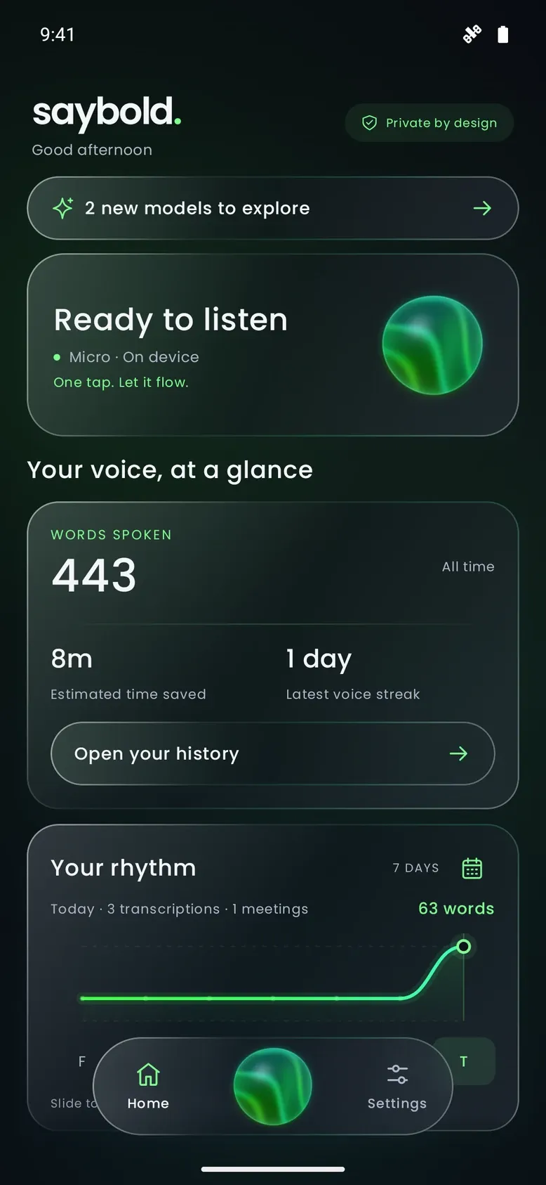 Saybold home screen, ready to listen, with words spoken and your voice rhythm