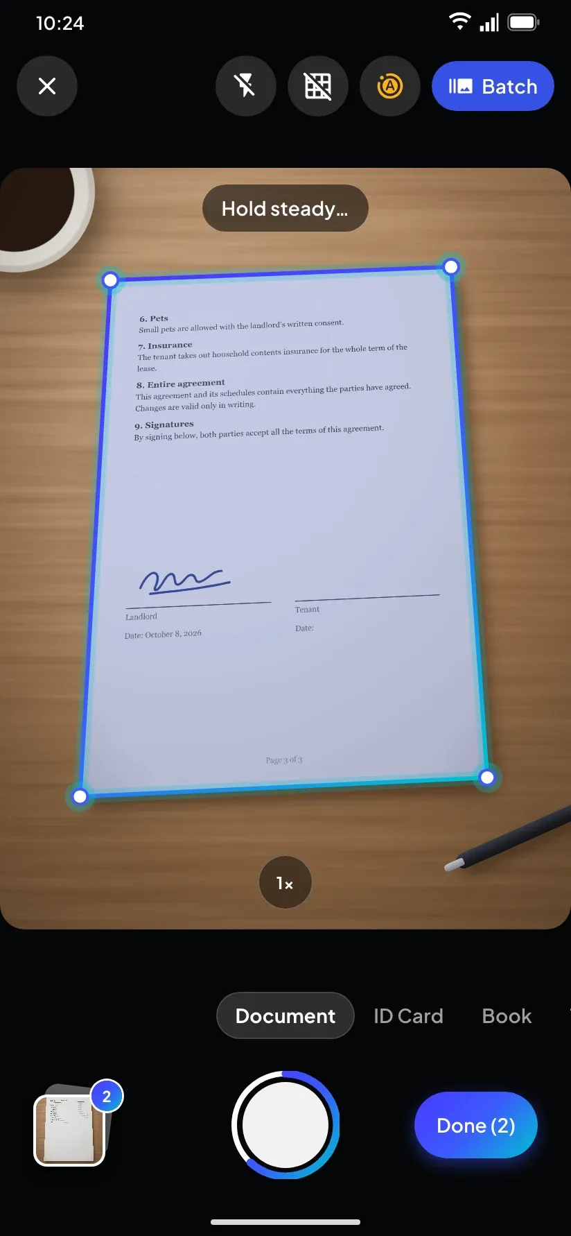 The camera finding the edges of a page on a desk