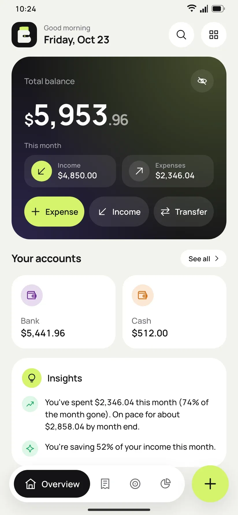 Overview with the total balance, accounts and insights