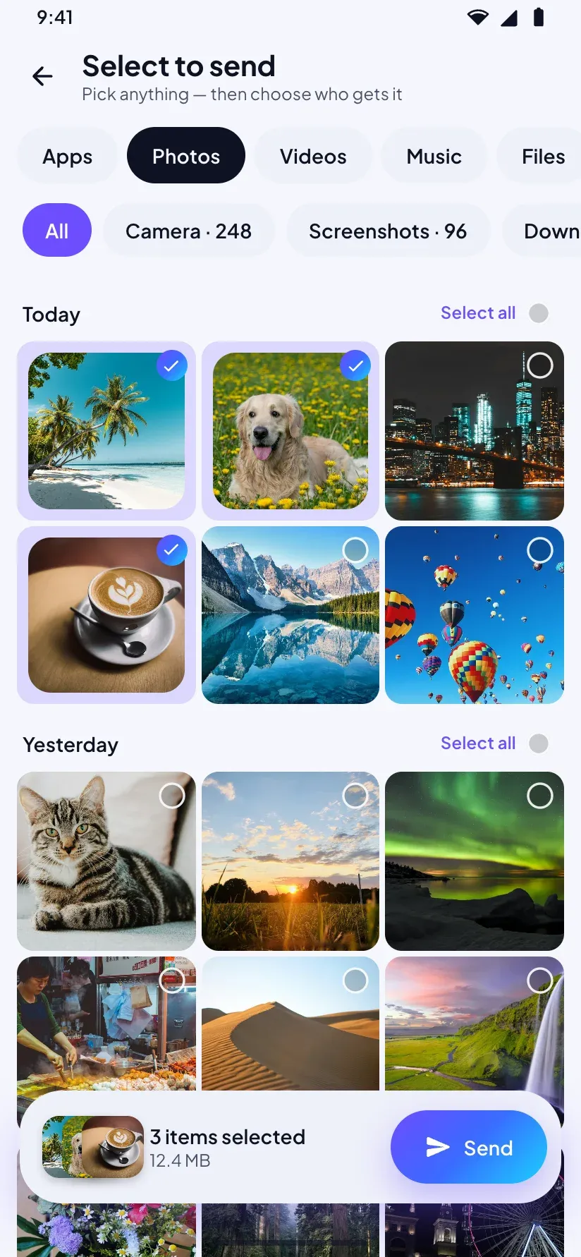 Choosing photos to send, sorted by day