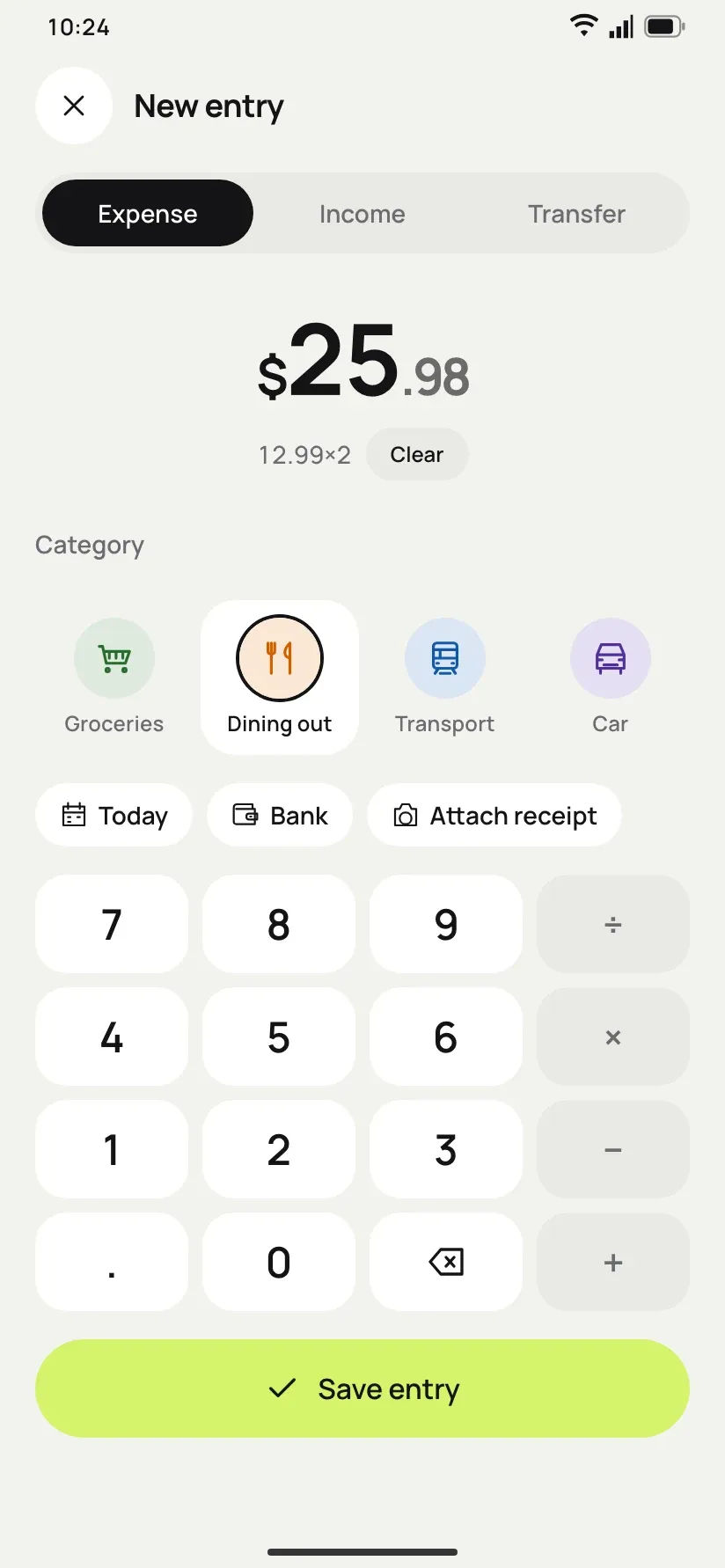New entry with the calculator keypad