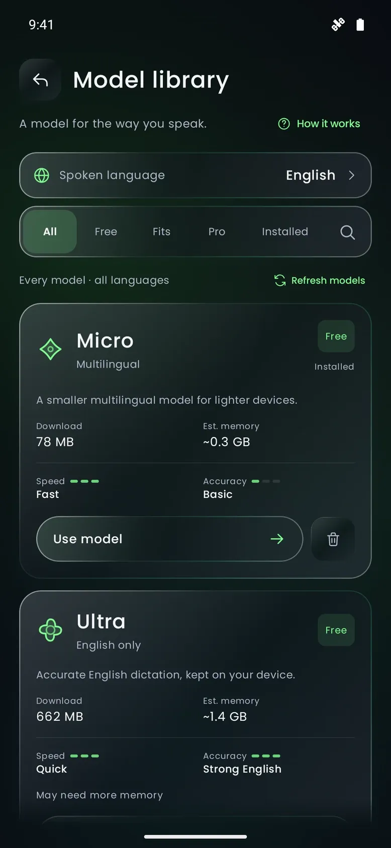 Model library with free on-device speech models