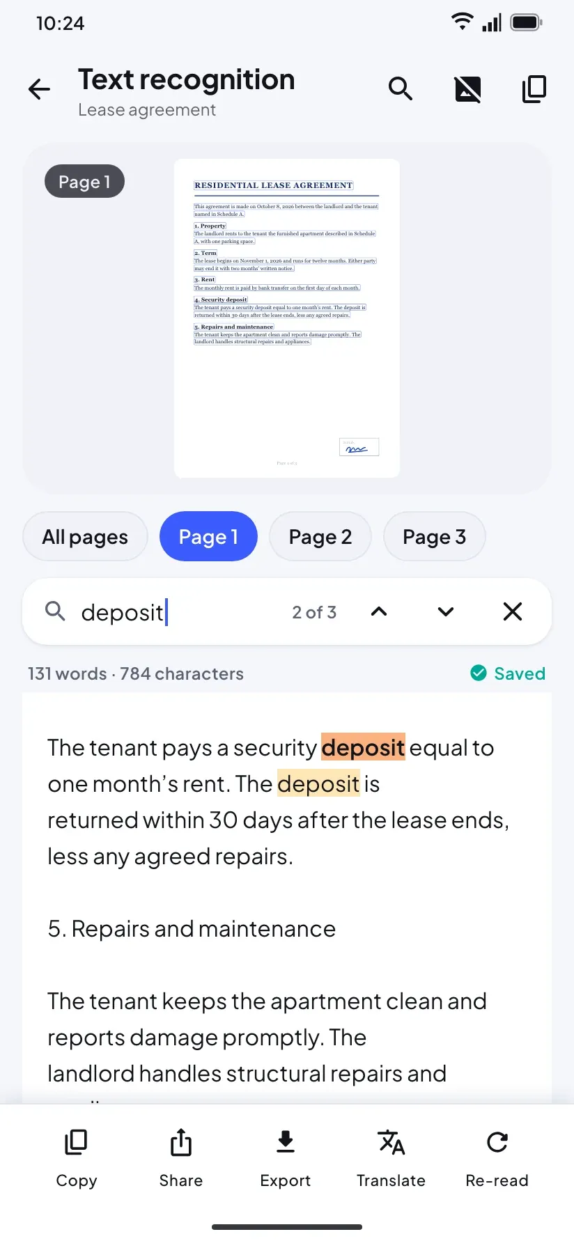 Text recognition on a lease agreement, with every match for “deposit” highlighted