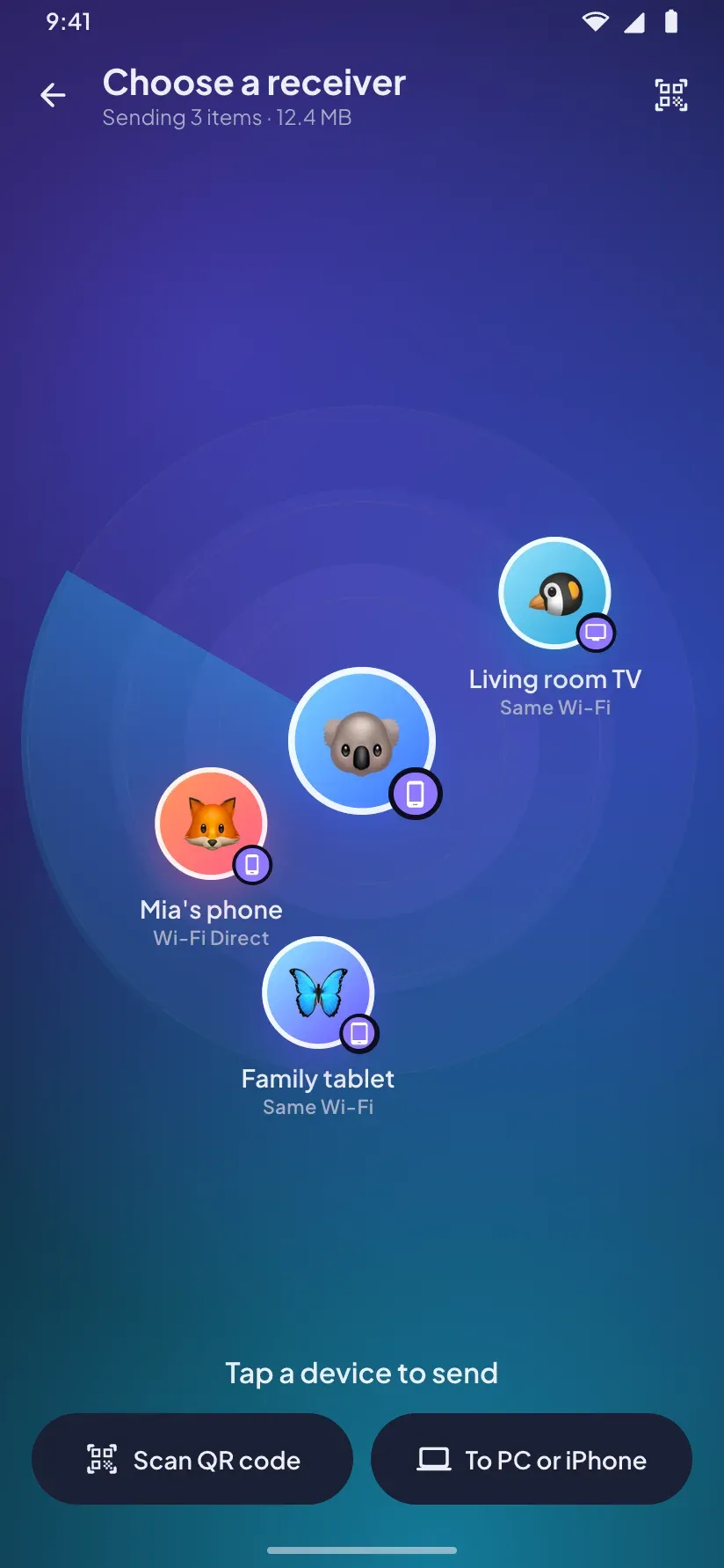 Nearby phones, a tablet and the living room TV on the radar