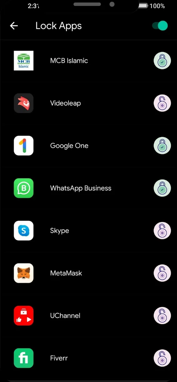 Lock apps list