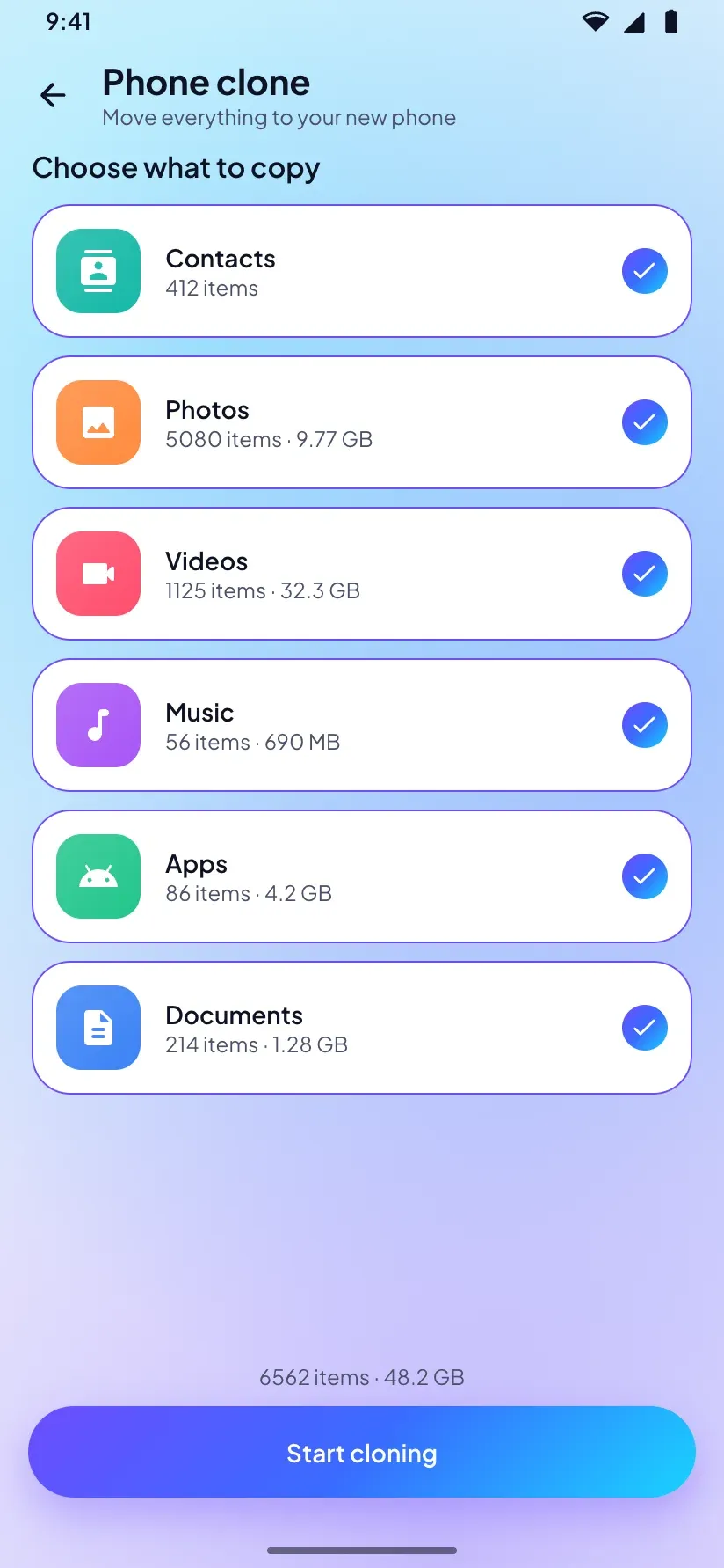 Phone clone with contacts, photos, videos, music, apps and documents selected