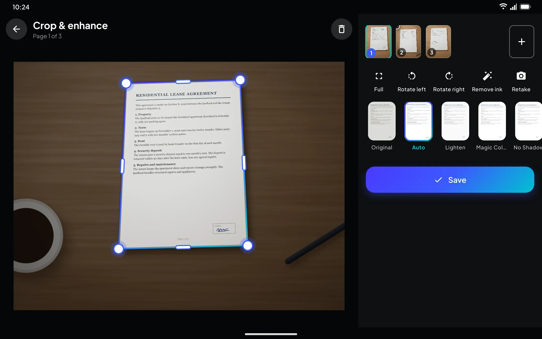 Crop and enhance on a tablet