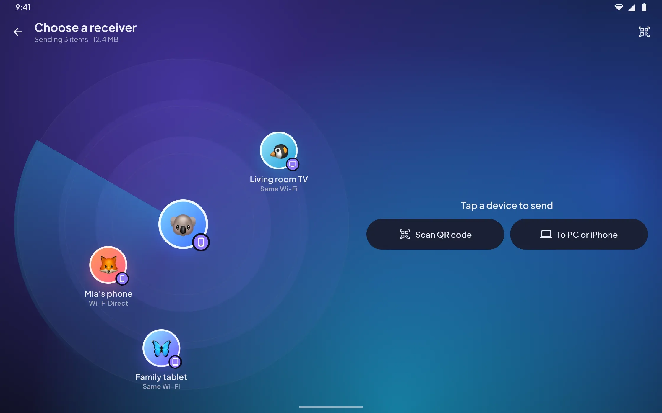 Nearby devices on the radar on a tablet