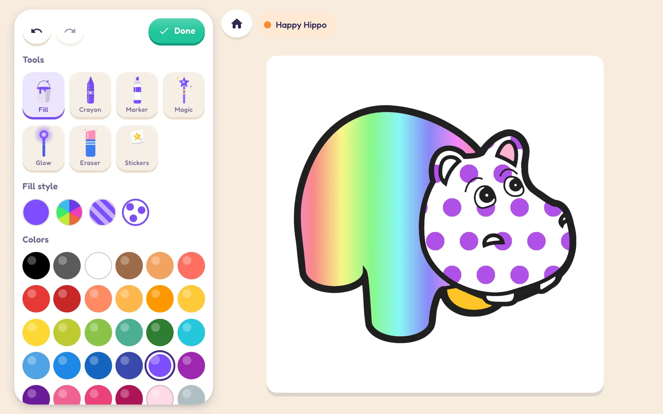 Coloring Happy Hippo with rainbow and dot fills on a tablet