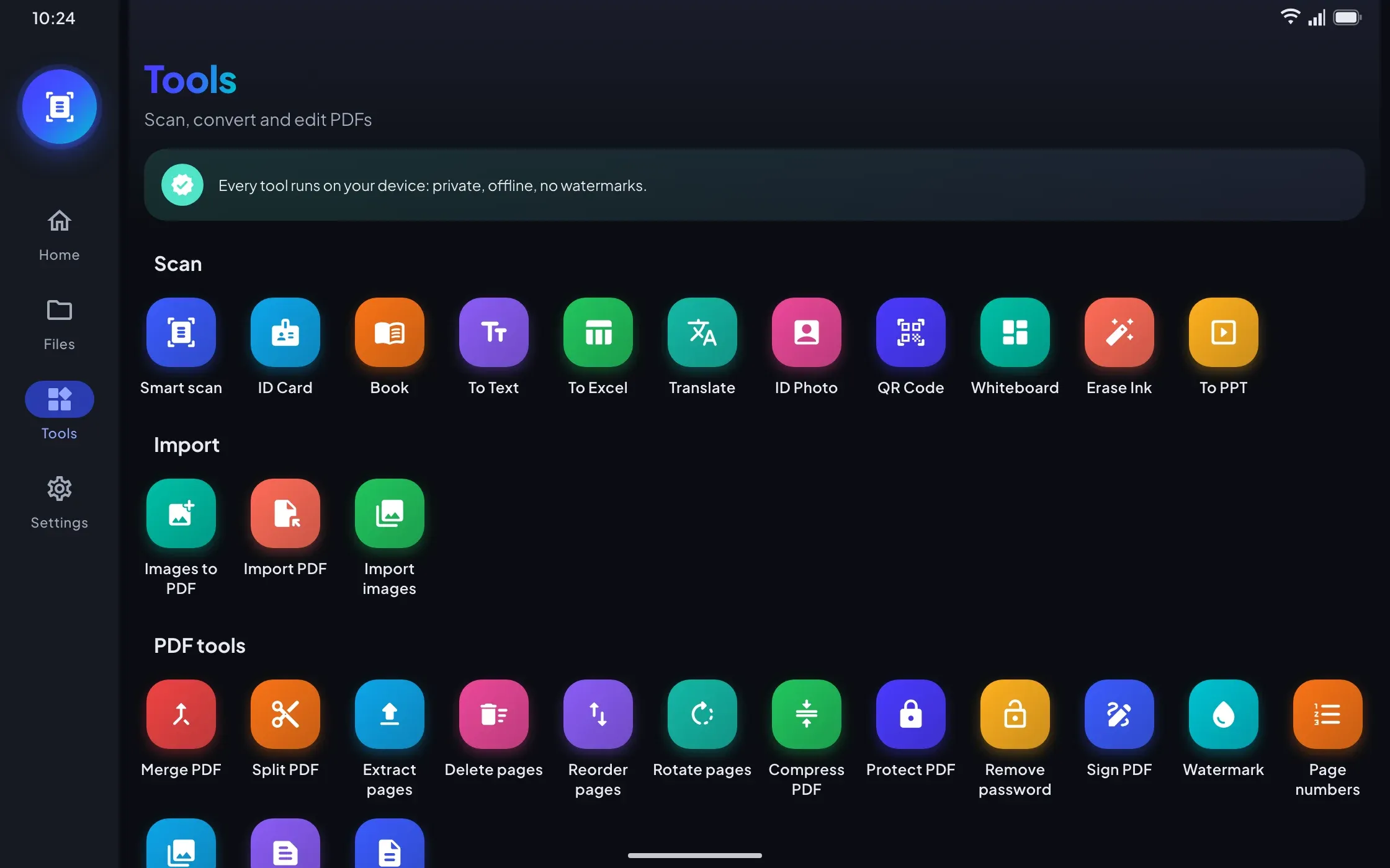 Scan, import and PDF tools on a tablet