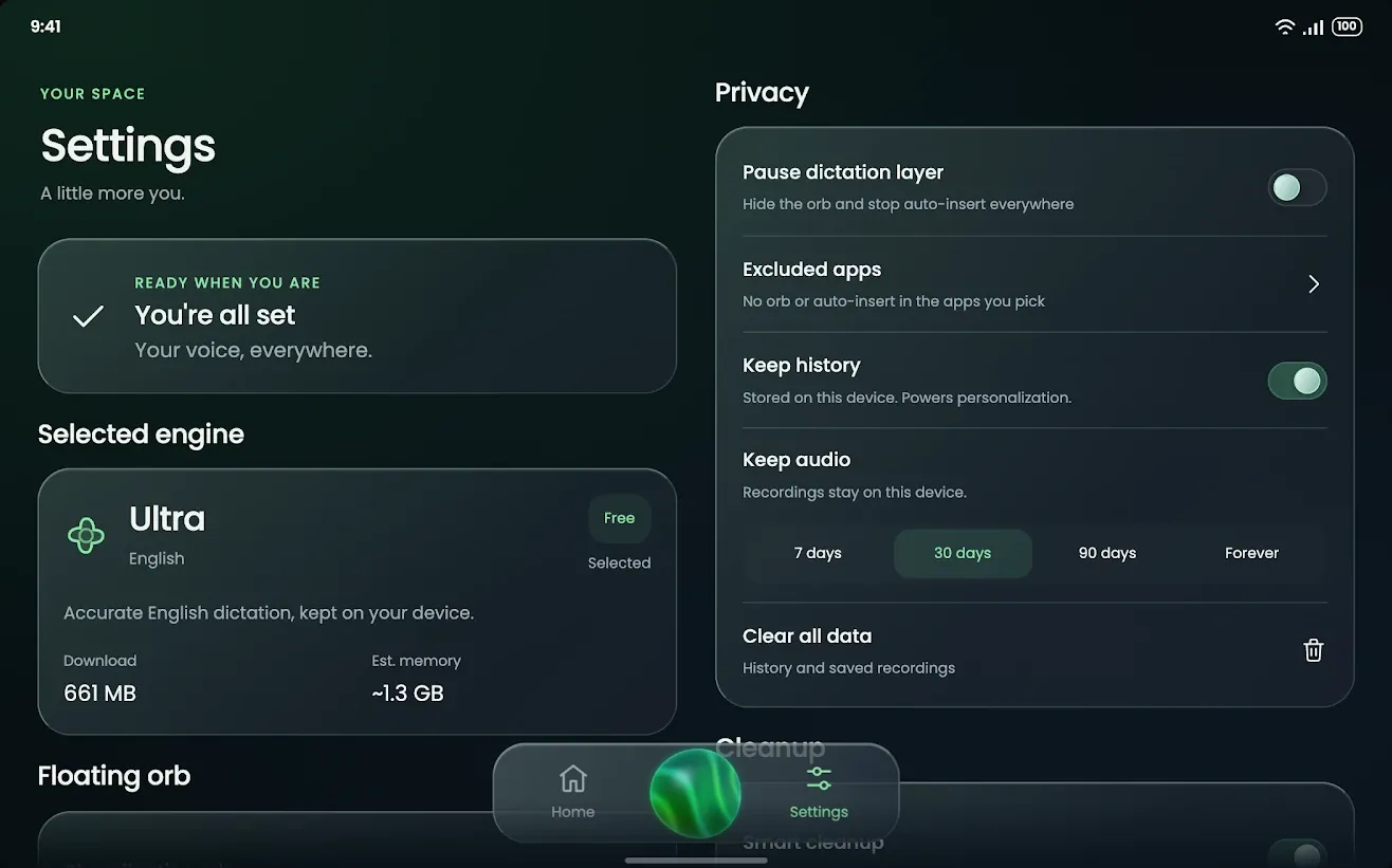 Settings with privacy controls