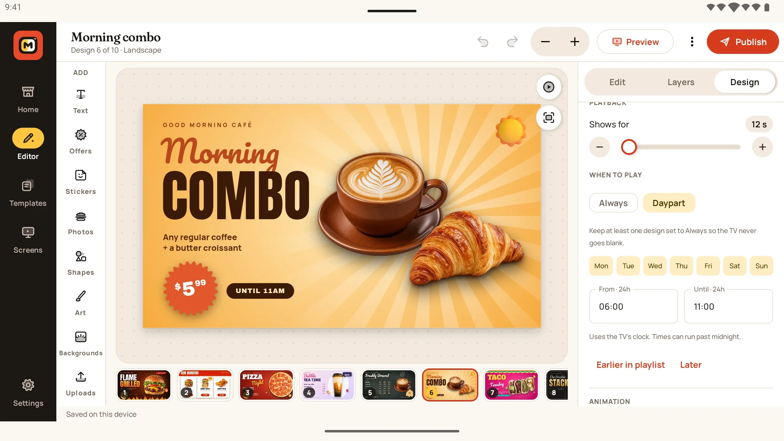 Scheduling a morning combo design on a tablet