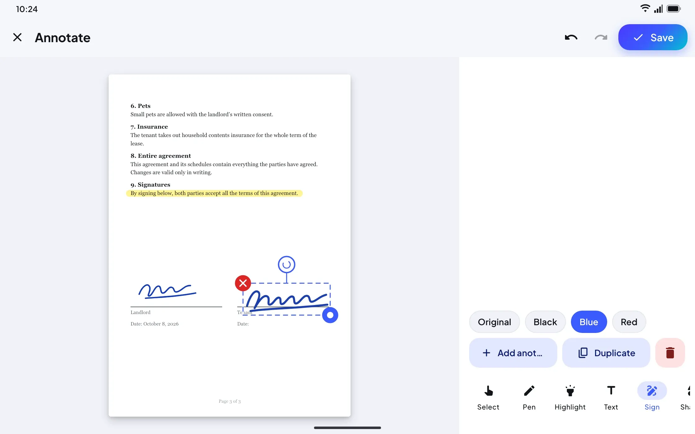 Signing a highlighted agreement on a tablet