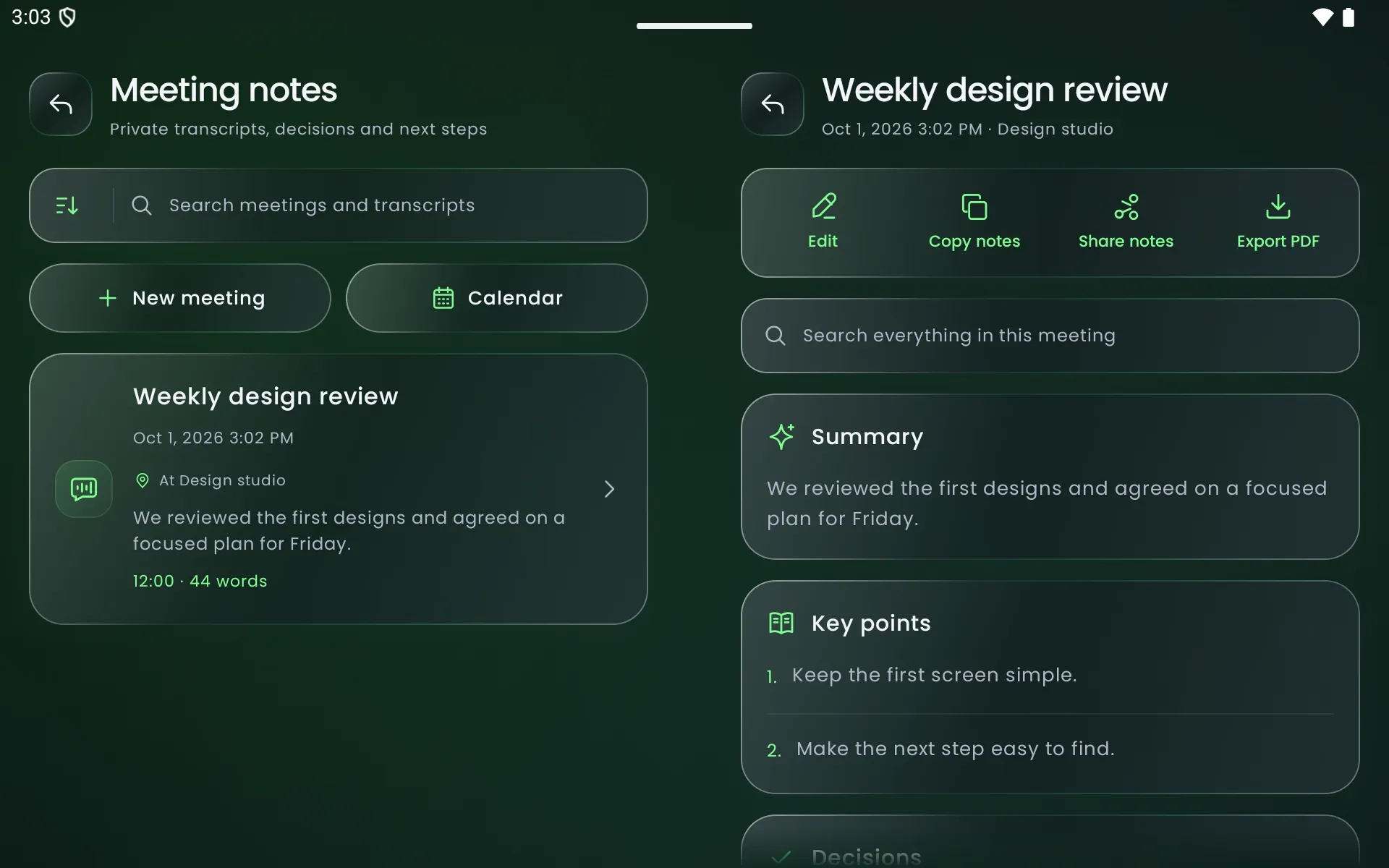 Meeting notes list and a meeting summary with key points on a tablet
