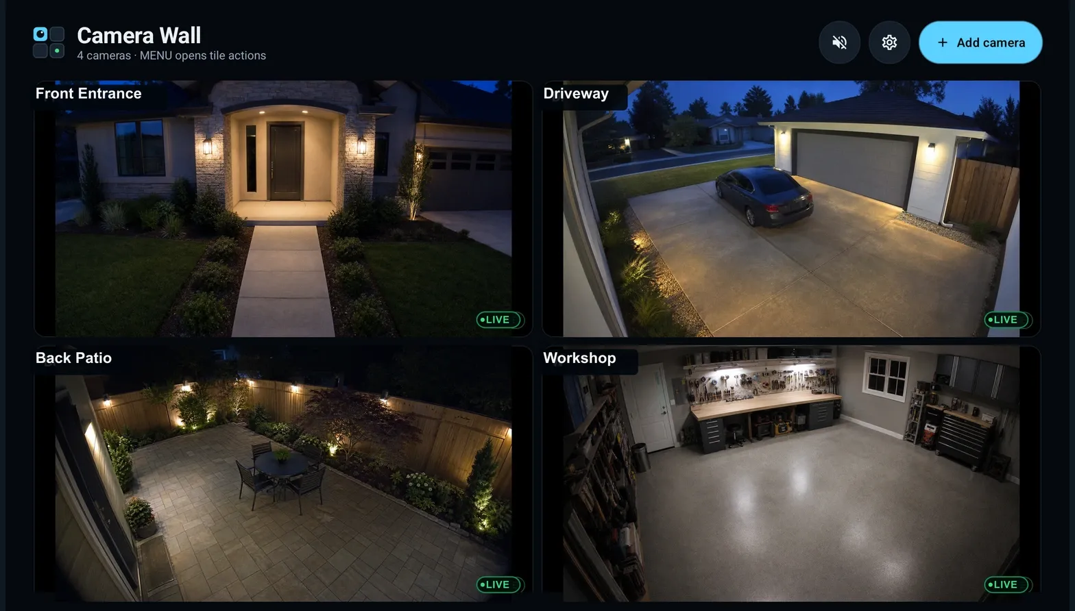 Four live camera feeds on a tablet