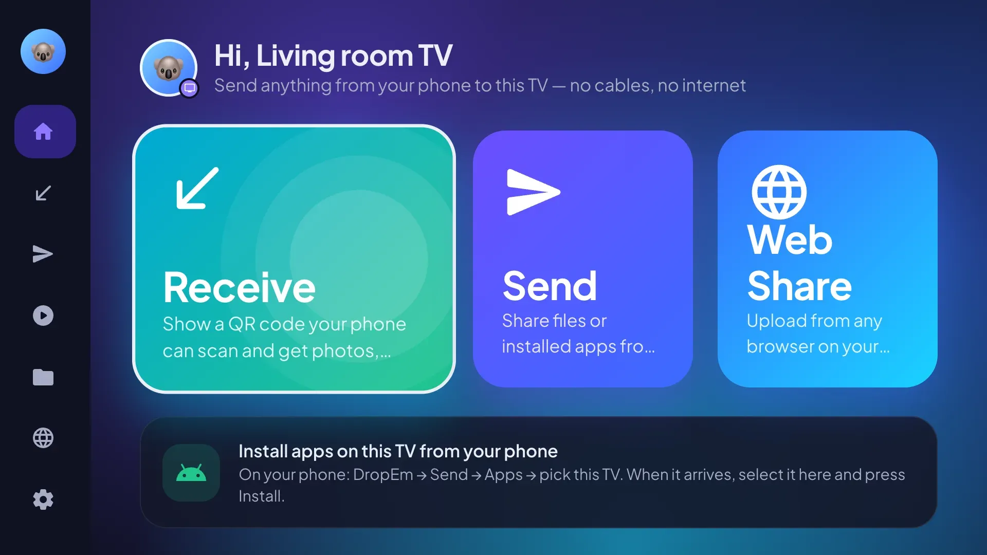 DropEm on a living room TV, ready to receive
