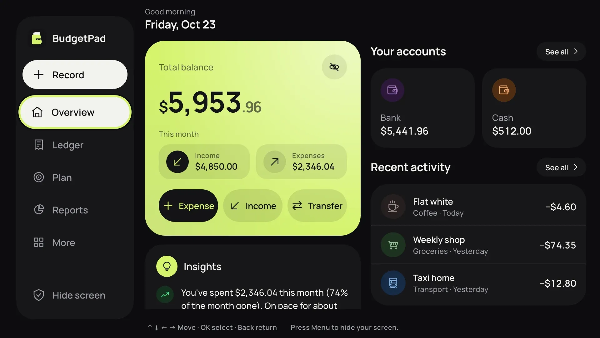 BudgetPad overview on a TV