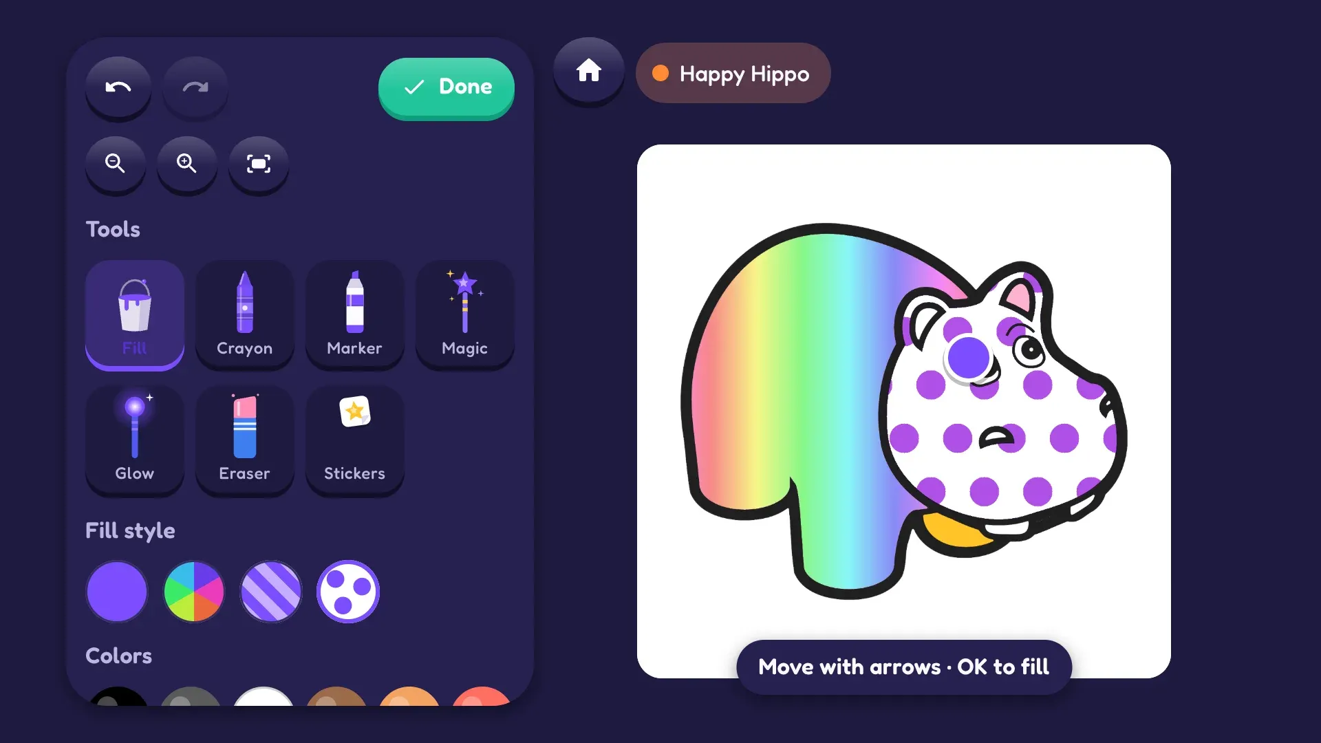 Coloring Happy Hippo with the remote on a TV